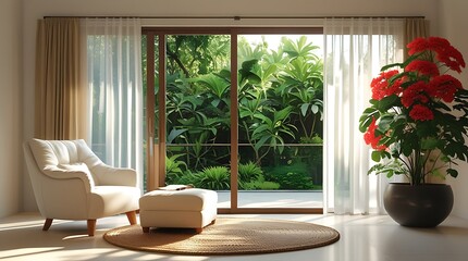 Fototapeta premium Cozy reading nook with a white armchair, matching ottoman, and sheer curtains overlooking lush greenery and red flowers. Sunlight enhances the warm, tranquil, and inviting ambiance
