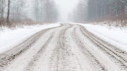 Fototapeta premium Snowy road curves through winter forest
