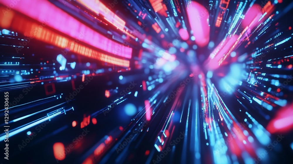 Poster futuristic abstract data stream with red and blue light particles and lines