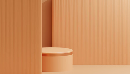 3D rendering of an elegant beige podium with a textured wall in a minimalist style. Suitable for showcasing cosmetics, perfumes, interior items, branded accessories, and advertising mockups.