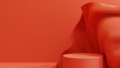 Realistic dark red platform for product demonstration with an abstract shape. 3D rendering