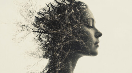 A businesswoman’s face merged with a flowing network of data symbolizes how professional networking fosters human and digital ties, expanding opportunities.