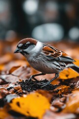 A sparrow forages on the ground amidst colorful autumn leaves.