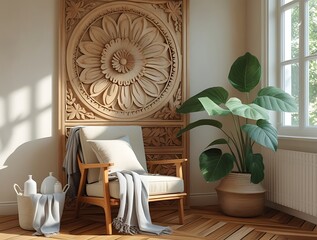 Cozy reading nook with a wooden armchair, soft cushions, and a gray throw blanket in a sunlit corner. A carved wooden wall art piece and lush green plant enhance the warm, natural ambiance

