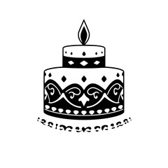 A stylized, symmetrical cake illustration featuring floral accents, a lit candle, and cursive writing.