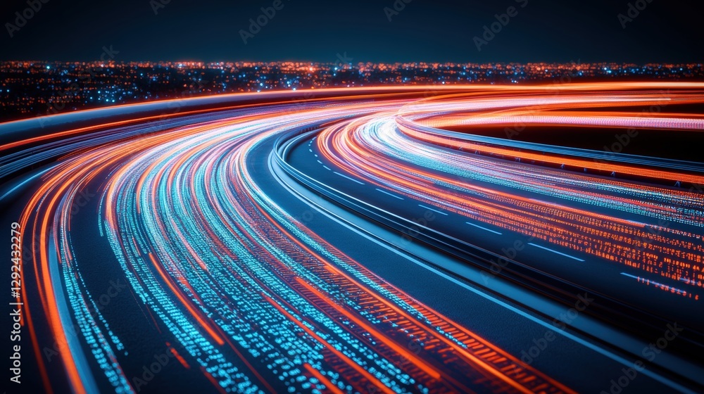 Poster highway with light trails and digital data flow concept in cyber global environment