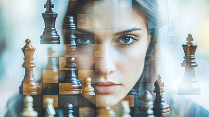 A chessboard with a businesswoman’s face represents SWOT: strong pieces as strengths, vulnerable ones as weaknesses, strategic moves as opportunities, and checkmate as threats, symbolizing business 