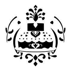 Cake Illustration: Black and white graphic of a layered cake, with intricate floral designs and embellishments.