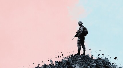 A solitary soldier stands on a hill, reflecting resilience amidst a backdrop of contrasting colors.