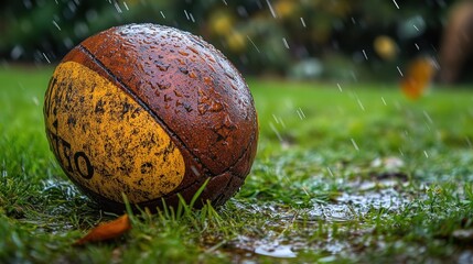 Vintage rugby ball in rain-soaked garden