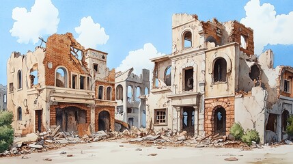 Abandoned and crumbling buildings, showcasing the beauty of decay in historic architecture against a bright sky.