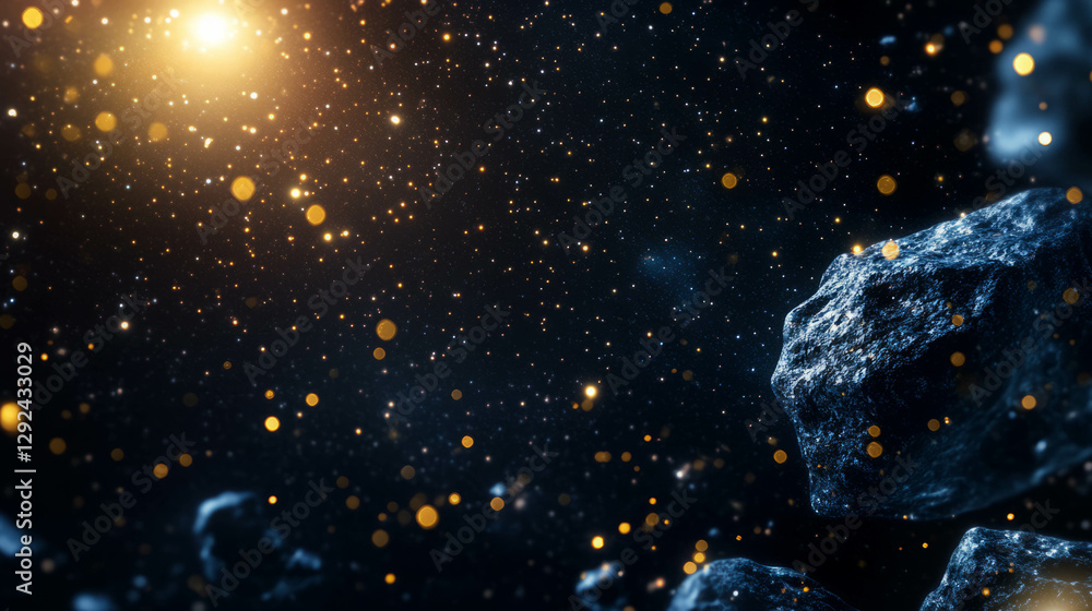Poster cosmic asteroid scene with star light reflections in deep space