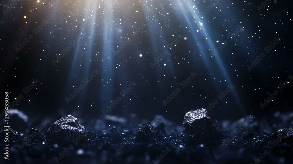 Poster celestial light reflecting on asteroids in space