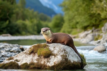 Playful Otter Sunbathing on a Rock by a Serene Freshwater River in a Green Landscape