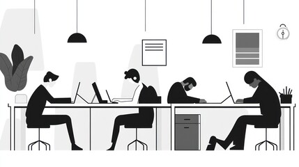 Office Workers at Desks,  Mask-Wearing,  Modern Workplace