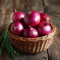 Purple Onions in Wicker Basket on Wooden Table