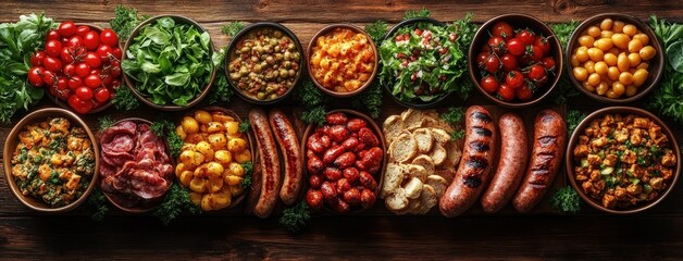 Summer BBQ Food Spread on Rustic Wooden Table with Grilled Sausages Salads and Fresh Fruits