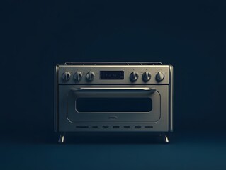 Obraz premium Modern kitchen range oven with sleek design and control knobs, set against a dark backdrop