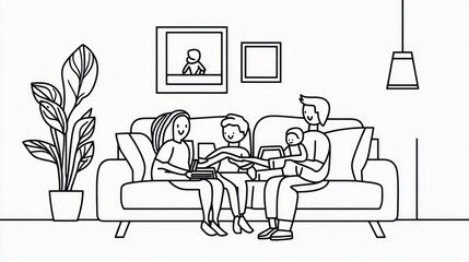 Family relaxing on sofa, home interior scene, illustration, potential stock photo