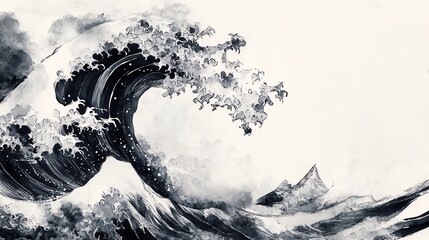 A dramatic, stylized wave rises against a minimalist background, capturing the power and beauty of nature in traditional Japanese art.