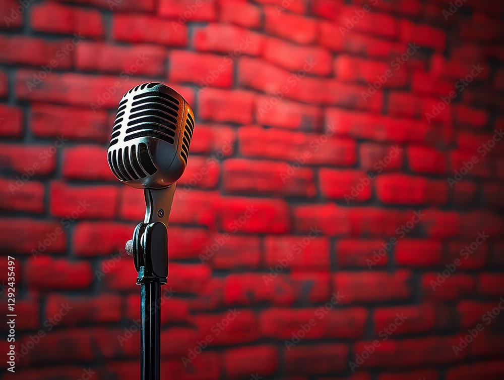 Wall mural Microphone on Stand Against Red Brick Wall Dramatic Lighting Backdrop