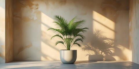 Tropical potted plant in a minimalist sunlit corner with textured beige walls and soft shadows, creating a natural, serene, and stylish interior design atmosphere with warm tones

