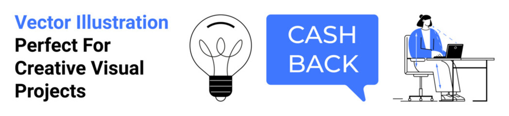 Lightbulb for creative ideas, cashback in speech bubble, and woman working on laptop. Ideal for productivity, financial incentives, e-commerce, innovation, creativity, marketing flat landing page