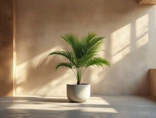 Fototapeta premium Tropical potted plant in a minimalist sunlit corner with textured beige walls and soft shadows, creating a natural, serene, and stylish interior design atmosphere with warm tones