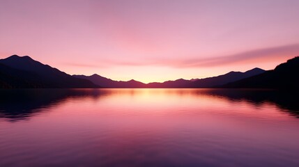 Beautiful pink sunset reflecting in calm water over mountains afar