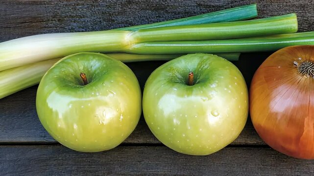Fresh green apples and vegetables arranged on a rustic wooden table