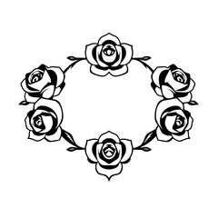 Black and white rose floral wreath, a minimalist artistic illustration, circle design.