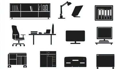 Office Furniture Silhouettes, Vector Illustration, Flat Design, Workspace Elements