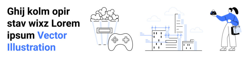 Cityscape, gaming gear, snacks, and woman photographing treats merge creativity, leisure, and urban lifestyle. Ideal for food photography, gaming, urban living entertainment minimalism creativity