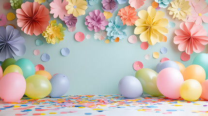 un cuarto o habitacion con un muro lleno de flores de papel coloridas y romanticas con globos de colores pastel con confeti en el piso para escenario de cumpleaños o festejo infantil o femenino