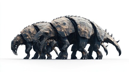 Fototapeta premium Three stylized, armored creatures resembling giant tortoises with spiky features.