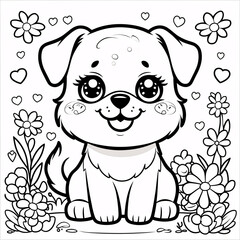 Fototapeta premium Whimsical Puppy Line Art with Friendly Face for Fun Kids Storybooks and Colorful Creative Coloring Pages for Young Artists Drawing Illustration with Heart and Flowers