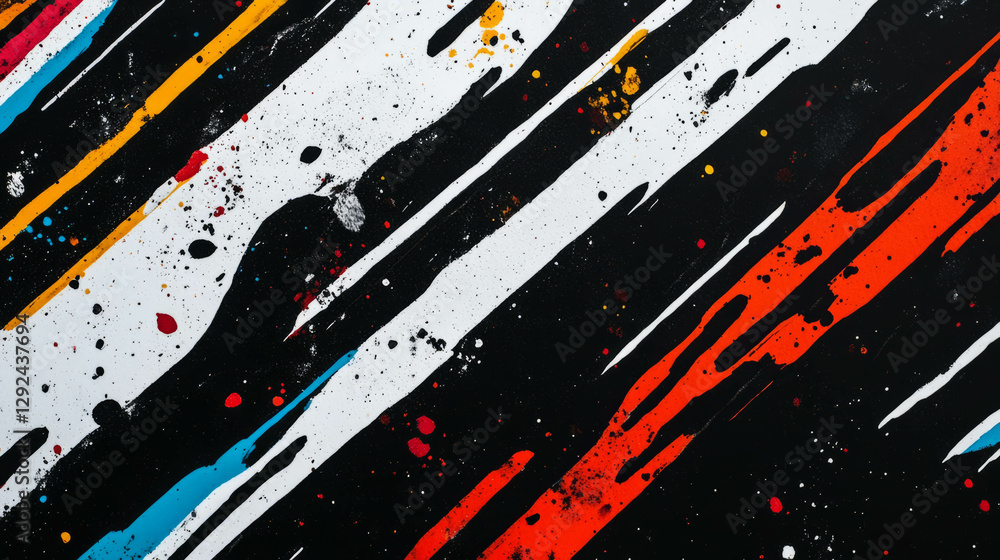 Poster vibrant abstract painting with diagonal stripes and splash patterns for creative design