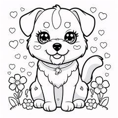 Obraz premium Adorable Puppy Drawing with Friendly Face for Fun Kids Book Covers and Colorful Educational Coloring Pages for Creative Learning Drawing Illustration with Heart and Flowers