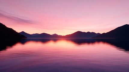 Fototapeta premium Beautiful Pink Sunset Over Mountains Reflecting On Calm Water