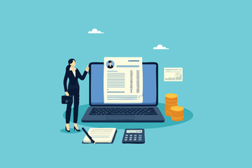 Efficient Payroll Management, Businesswoman Reviewing Digital Salary Reports on an Online Accounting System