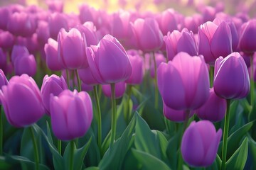 Fototapeta premium Vibrant purple tulip field at sunrise showcasing nature's beauty in full bloom