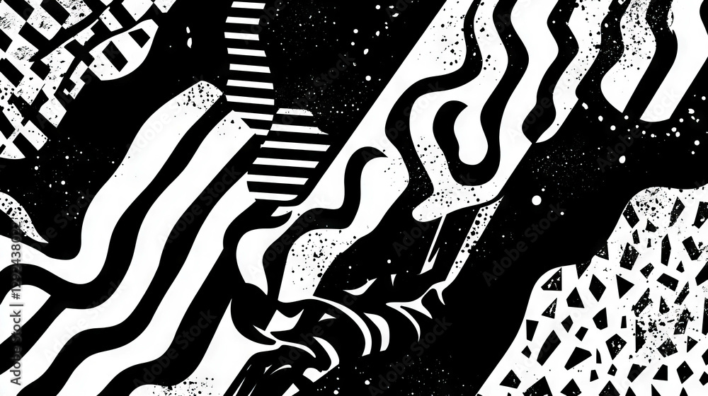 Poster abstract black and white background with striped patterns and zigzag lines for creative design