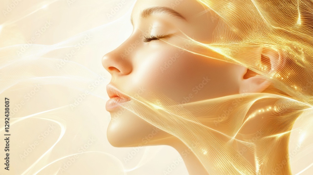 Aufkleber Golden lines flow around a young womans face symbolizing beauty and rejuvenation with a Botox lifting effect. Generative AI