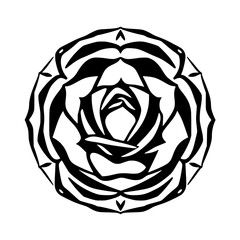 Black and White Floral Mandala: An elegant, circular, symmetrical design of a rose composed of black and white lines, creating a bold and sophisticated aesthetic.