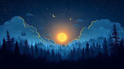 Naklejka premium A starry night forest scene with moon and clouds