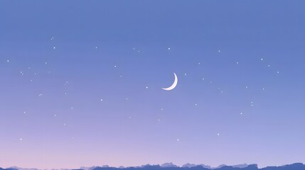 A moon crescent and stars adorn the night sky landscape