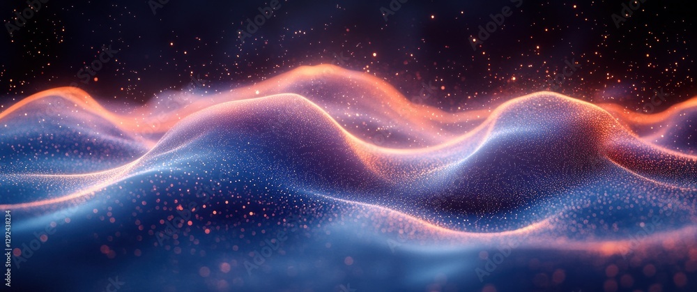Poster dynamic abstract wave flow mesh particles with dotted patterns on blue background