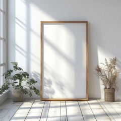 Minimalist Wooden Frame Mockup with Soft Light on White Floor