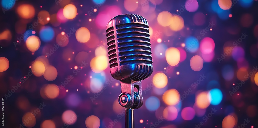 Poster retro microphone shining with colorful bokeh lights background for entertainment