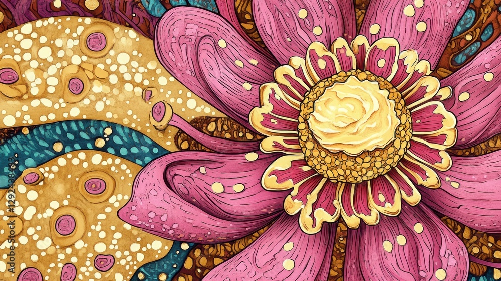 Aufkleber vibrant floral design with intricate patterns in pink and yellow set against a colorful abstract bac